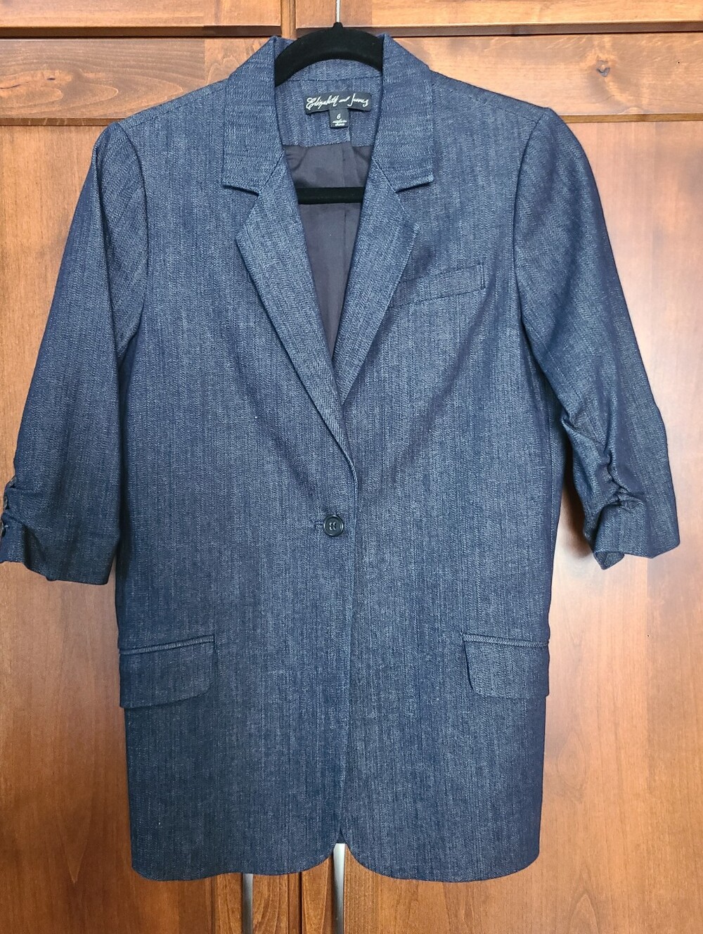 Elizabeth and James Dark Blue Denim-Style Blazer 3/4 Sleeve Size 6
